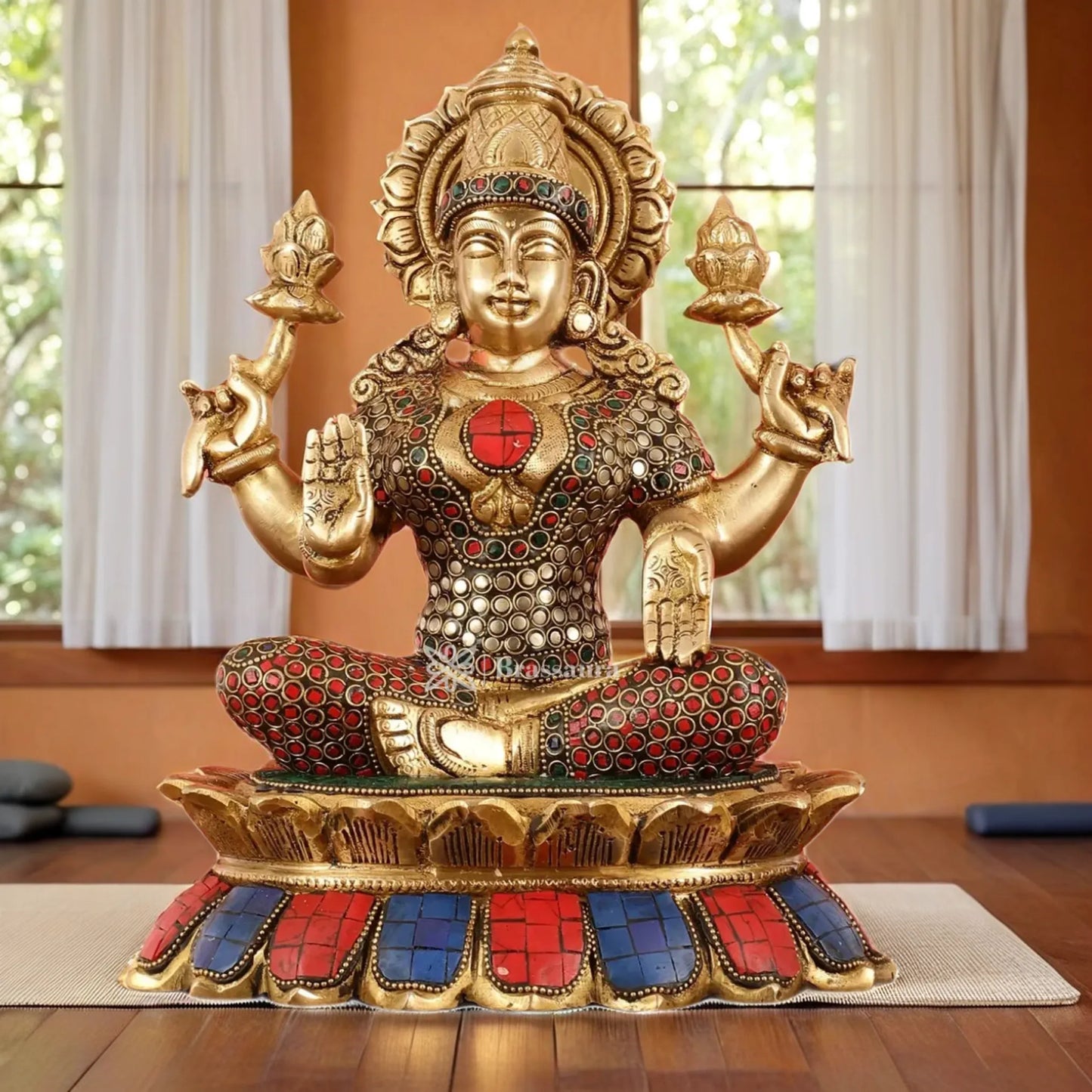 Brass Gem Stone Work Laxmi Mata for Home and Decor Height 11 Inches & Weight 7 Kgs