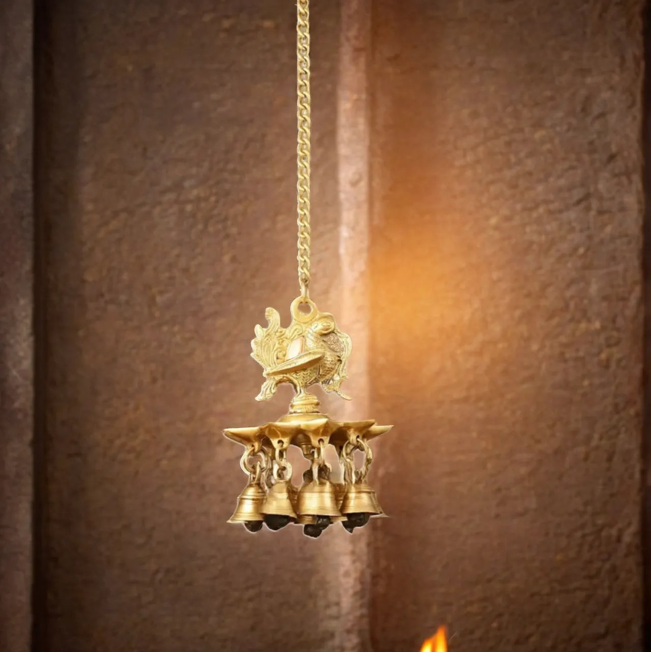 Brassaura™ Brass Hanging Peacock Diya with Chain – Height 6 Inches | Traditional Hanging Lamp, 1.1 Kgs