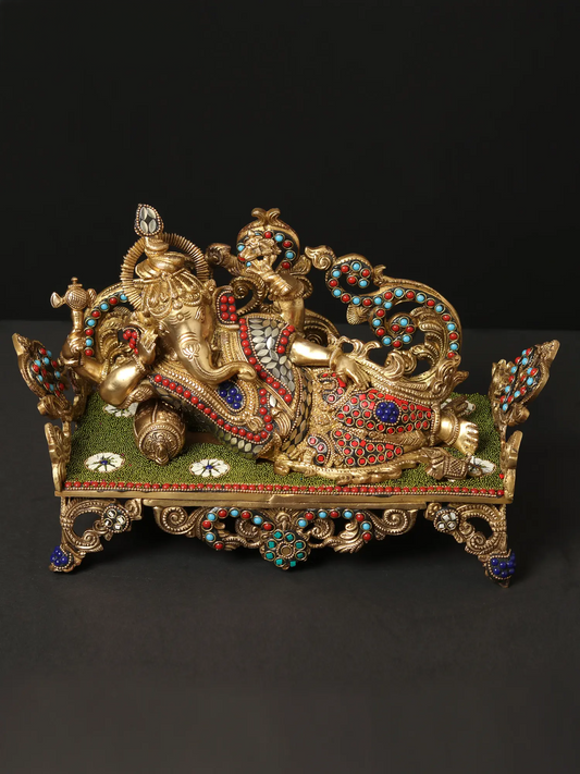 Brassaura™ Reclining Ganesha on Ornate Couch with Meenakari Inlay | Height 9 Inches & Weight 6.55 kgs
