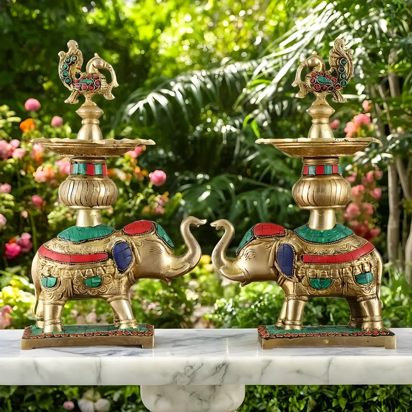 Brassaura™ Brass Elephant Holding Peacock Lamp – Height 11.5 Inches | Traditional Oil Lamps, 3 Kgs