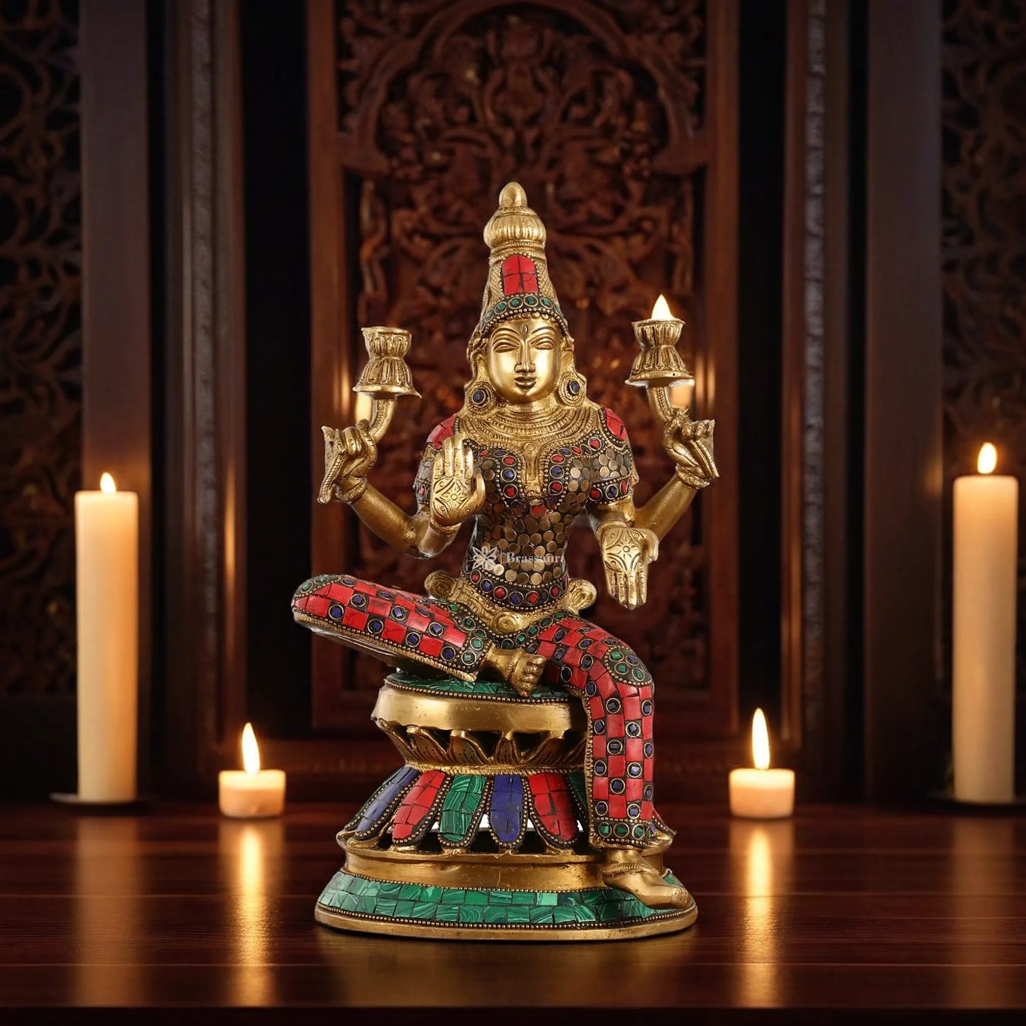 Brass Gem Stone Work Laxmi Mata for Home and Decor Height 12 Inches & Weight 4.5 Kgs