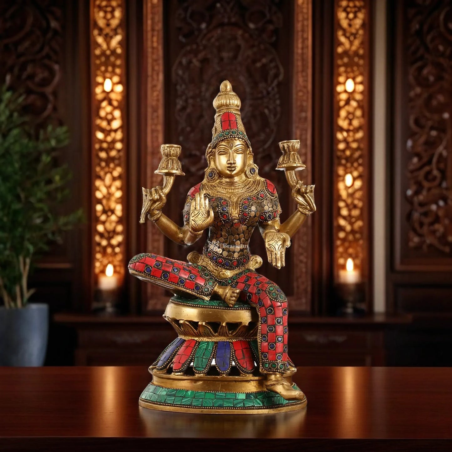 Brass Gem Stone Work Laxmi Mata for Home and Decor Height 12 Inches & Weight 4.5 Kgs