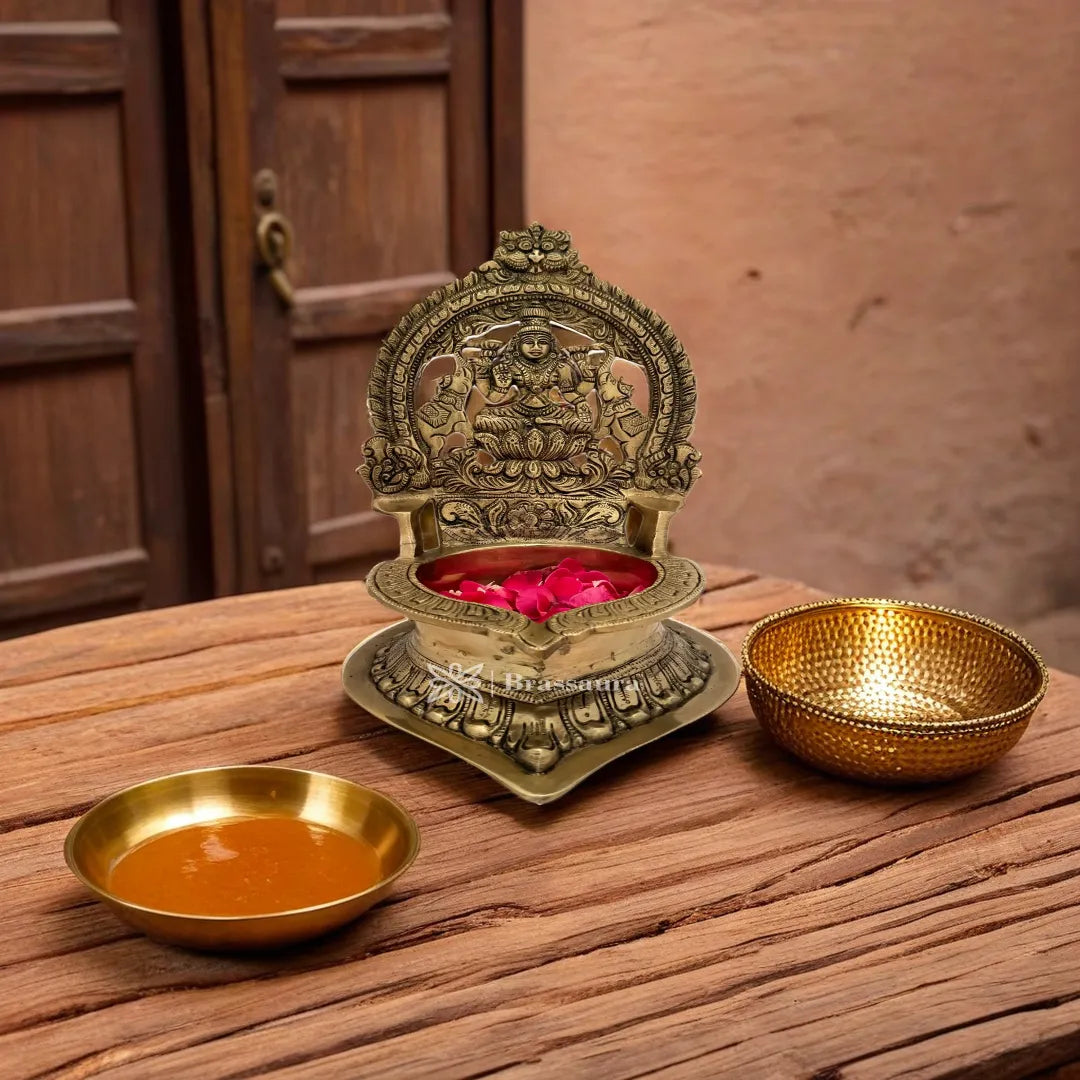 Brassaura™ Brass Laxmi Diya Idol– Height 11.8 Inches & Weight 4 Kgs | Home & Puja Décor