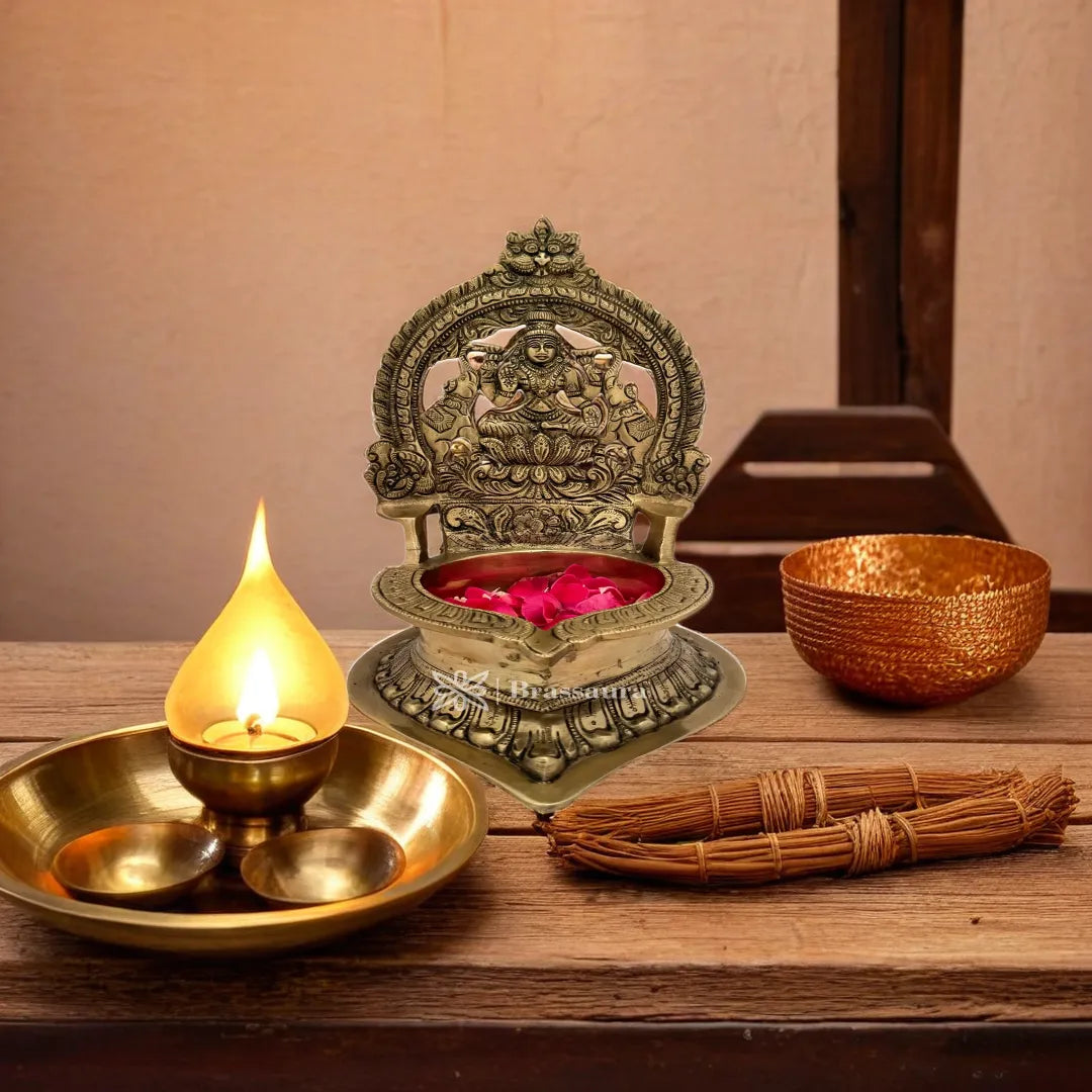 Brassaura™ Brass Laxmi Diya Idol– Height 11.8 Inches & Weight 4 Kgs | Home & Puja Décor