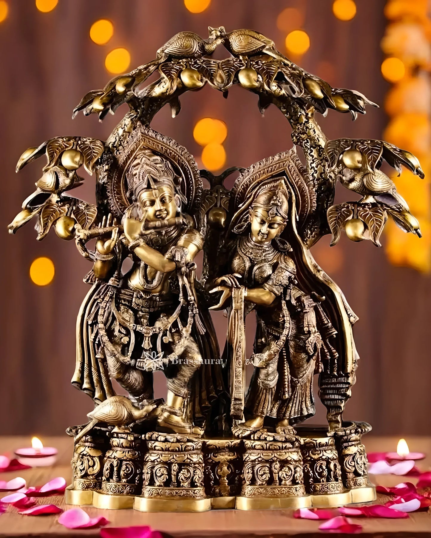 Brassaura™ Large Pure Brass Radha Krishna Under Tree Sculpture – Height 30 Inches & Weight 55.2 Kgs | Spiritual Art Idol