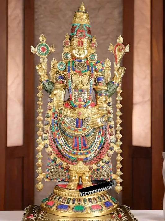 Brassaura™ Brass Lord Venkateshwara Idol with Pedestal & Bells – 38 Inches Idol, 37 Kgs & 21 Inches Pedestal stand - 33 Kgs