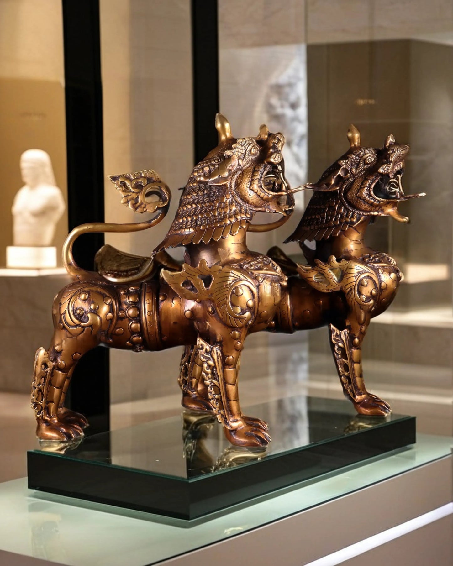 Brassaura™ Pair of Tibetan Snow Lion Statues in Vintage Brass | Handcrafted Himalayan Décor | Total Weight 40 Kgs | Height 14.5 Inches