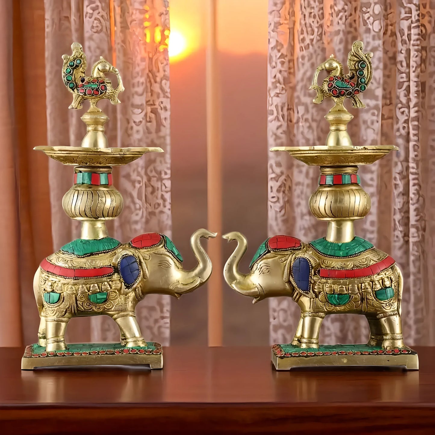 Brassaura™ Brass Elephant Holding Peacock Lamp – Height 11.5 Inches | Traditional Oil Lamps, 3 Kgs