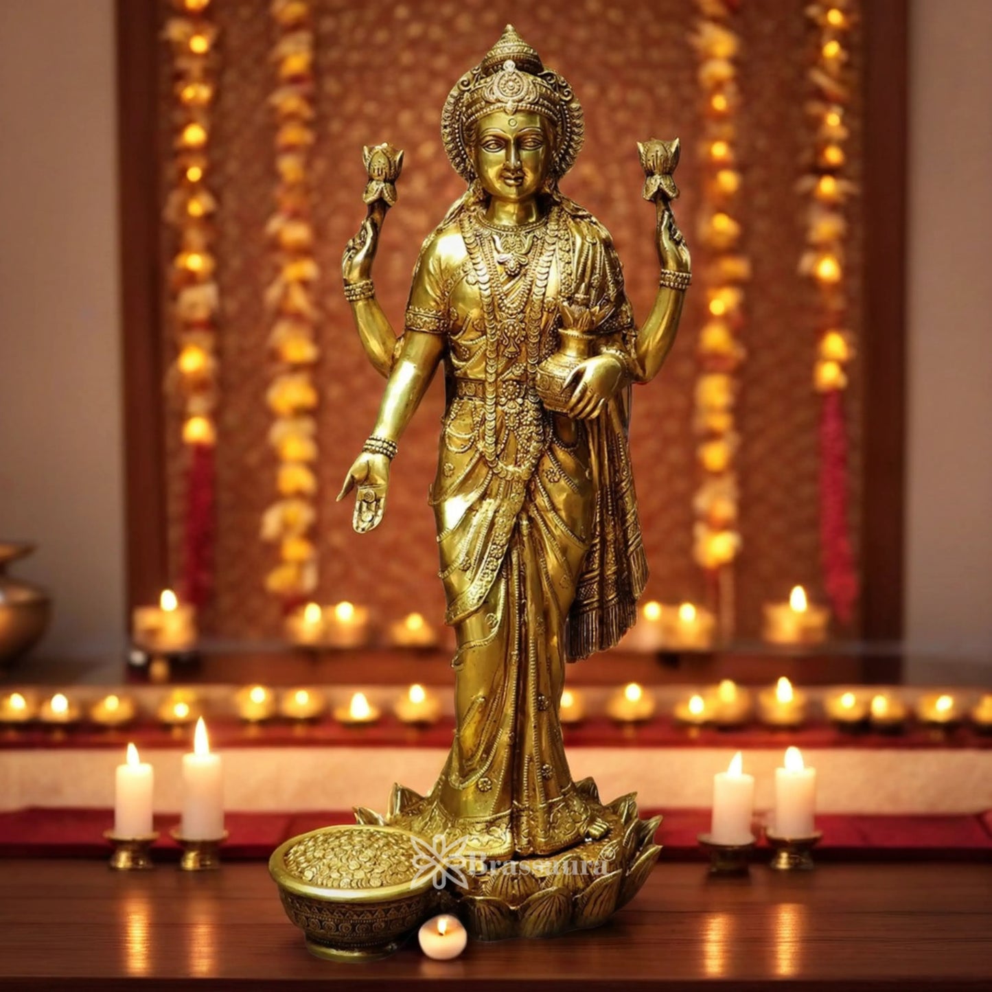 Brassaura™ Artistic Brass Standing Laxmi Idol – Height 25 Inches & Weight 17.2 Kgs | Home & Puja Décor