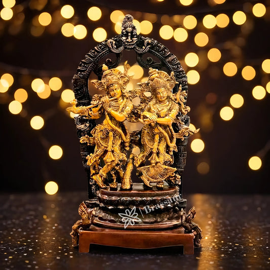 Brassaura™ Brass Radha Krishna Idol Pair with Peacocks & Prabhavali Arch – Height 17.5 Inches & Weight 10 Kgs | Elegant Devotional Sta