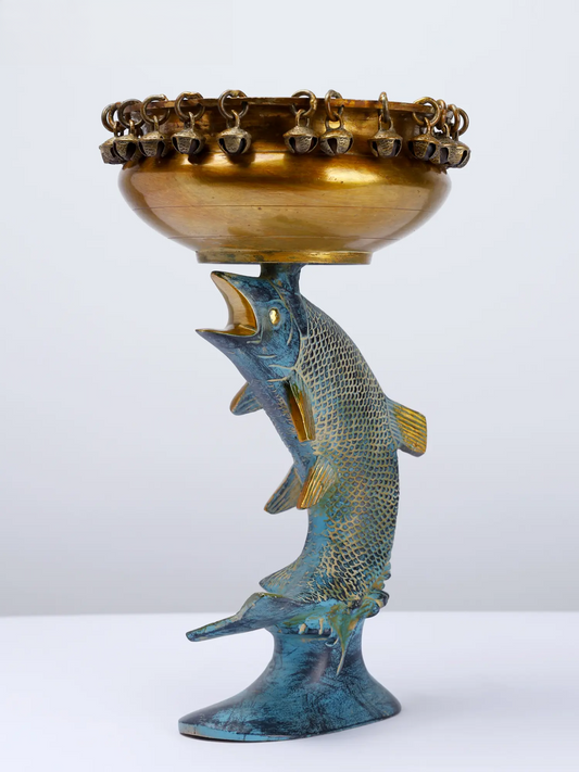 Brassaura® Brass Fish Urli | Pure Superfine Brass Handcrafted Murti | Brass Statue for Home Temple, Pooja Room | Height 11 Inches | Weight 2.45 Kgs