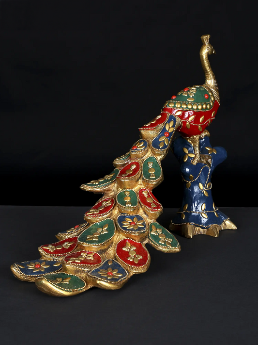 ब्रासोरा® सजावटी मोर पेड़ के तने पर | जड़ाई के काम के साथ शुद्ध पीतल | ऊंचाई 8.3 इंच और चौड़ाई 11.4 इंच