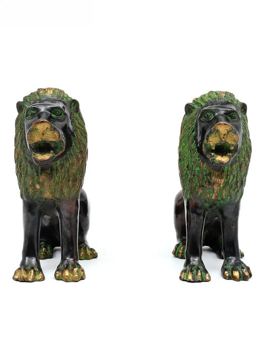 ब्रासौरा® रॉयल गार्जियन लायंस का जोड़ा | एंटीक ग्रीन पेटिना फिनिश के साथ ब्रास | ऊंचाई 13.6 इंच | वज़न: 20.25 किग्रा