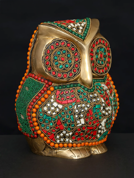 Brassaura® सजावटी पीतल का उल्लू जड़ाई के काम के साथ | ऊँचाई 7 इंच वज़न: 3.32 किलोग्राम