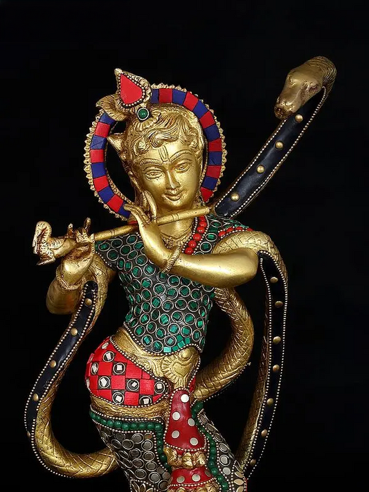 Brassaura® Brass Krishna Statue with Inlay Work | Height 39.5 cm & Weight 5.43 kg