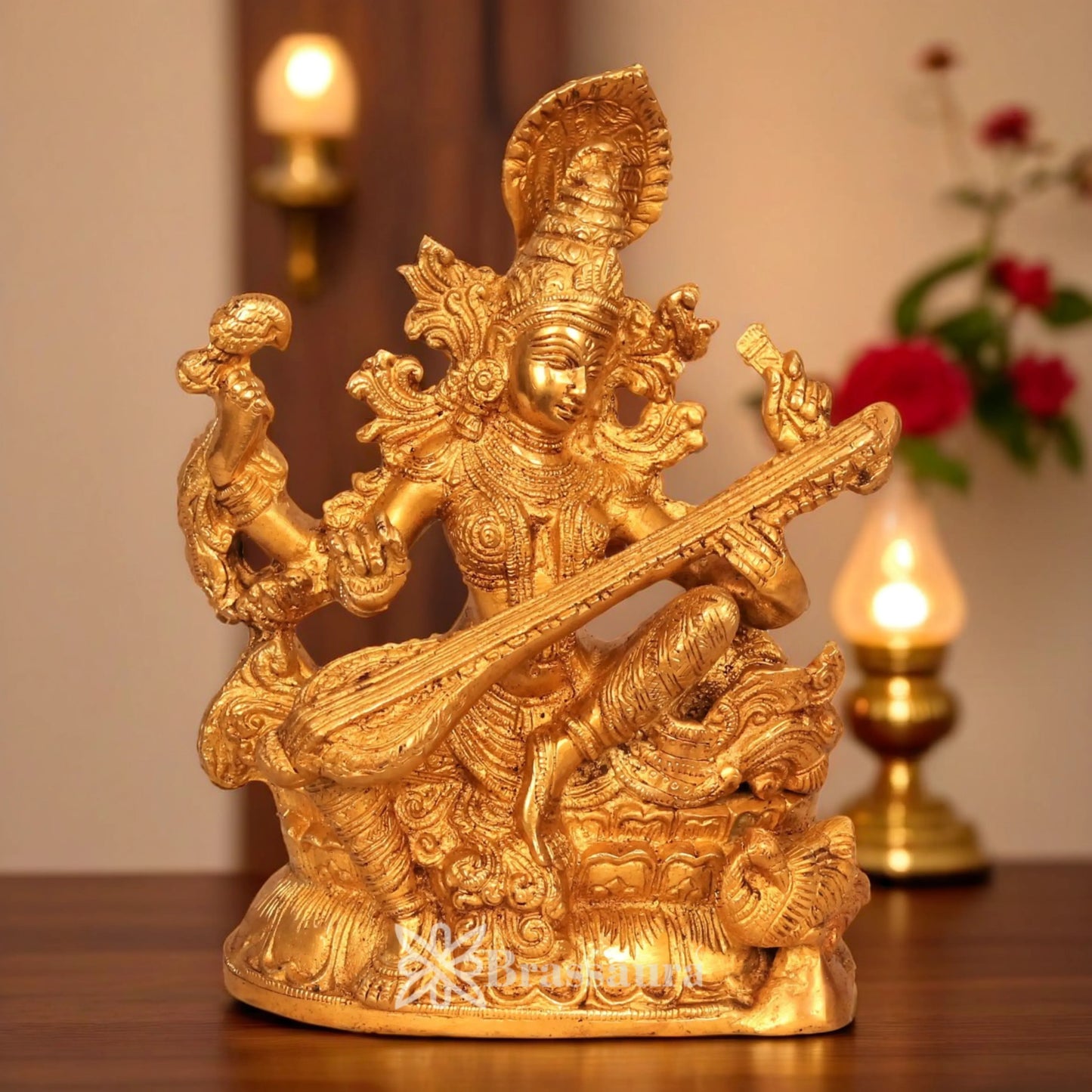 Brassaura™ Brass Saraswati Mata Idol – Height 11 Inches & Weight 5.3 Kgs | Spiritual Hindu Figurine