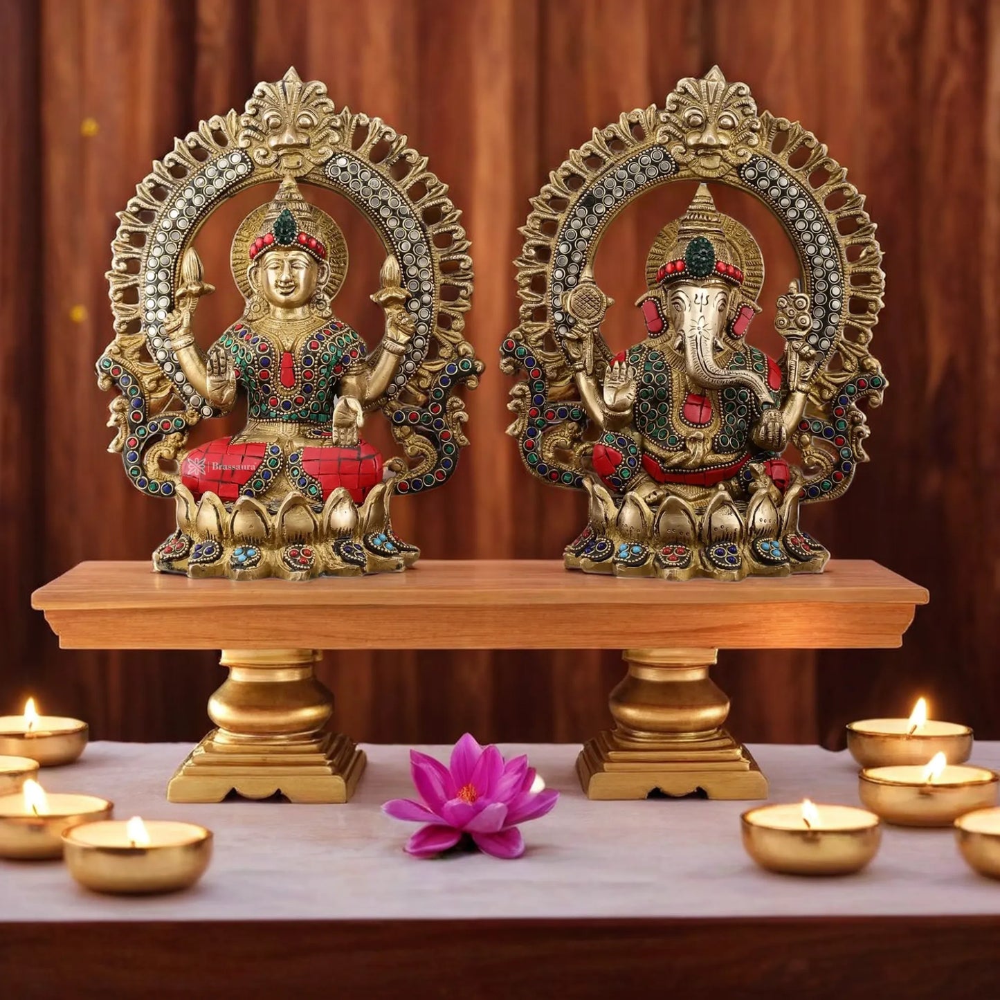 Brass Gem Stone Work Lakshmi Ganesh Height 9.5 Inches & Weight 6.8 Kgs