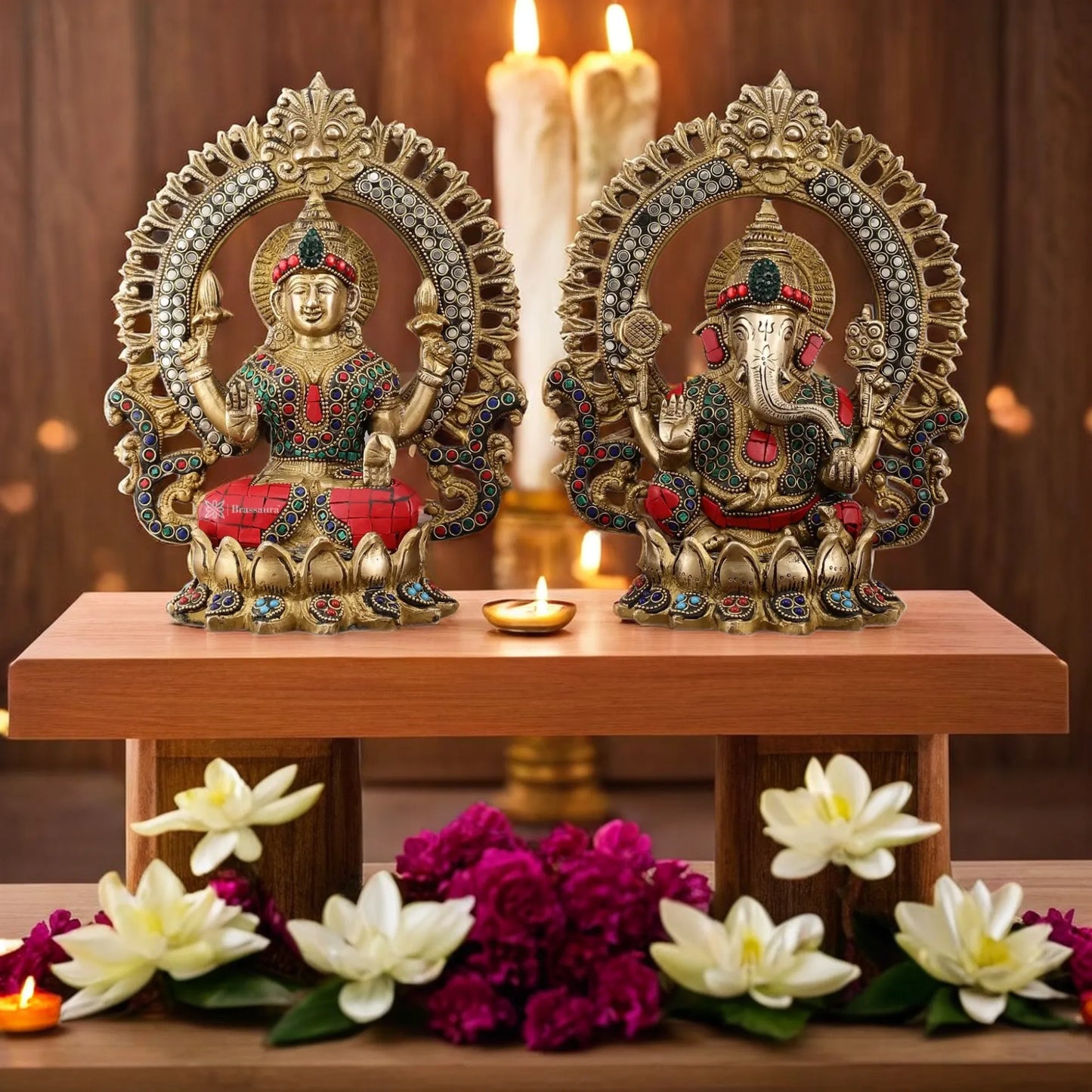 Brass Gem Stone Work Lakshmi Ganesh Height 9.5 Inches & Weight 6.8 Kgs