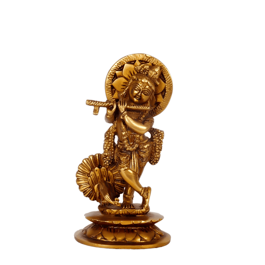 Brassaura® Muralidhar Krishna Brass Idol | Handcrafted Pure Brass Lord Krishna Murti Playing Flute | Decorative Statue for Home Temple, Living Room & Spiritual Décor | 5.7 Inches | 0.83 Kg