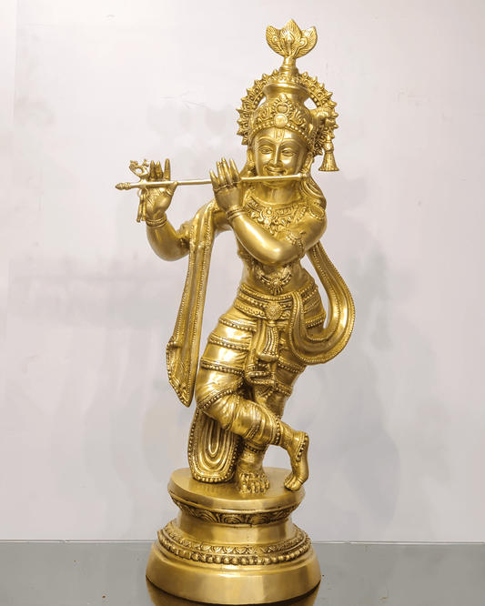 Brassaura® Large Lord Krishna Brass Statue | Handcrafted Pure Brass Krishna Playing Flute Idol | Matte Finish Decorative Murti for Home Temple, Pooja Room & Luxury Spiritual Décor | 36 Inches | 26 Kg