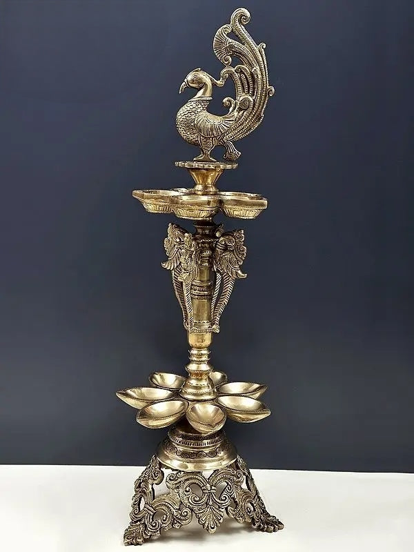 Brassaura™ Handmade 2-Layer Peacock Brass Lamp with Ten Wicks – Height 23.03 inches | Weight 5.30 kgs