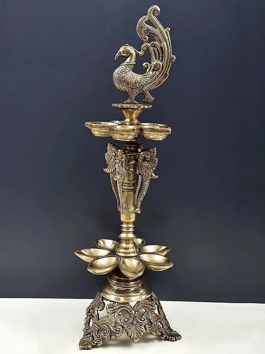 Brassaura® Handmade 2-Layer Peacock Brass Lamp with Ten Wicks – Height 23.03 inches | Weight 5.30 kgs