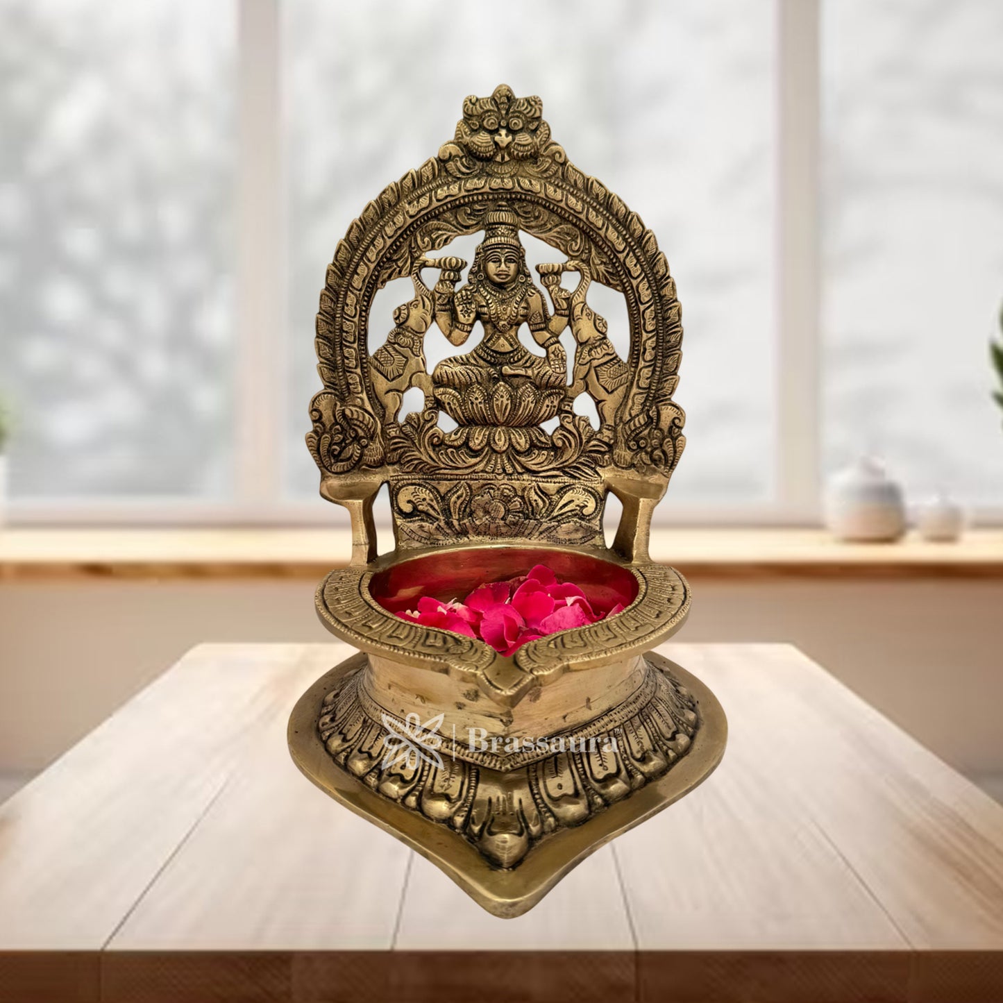 Brassaura™ Brass Laxmi Diya Idol– Height 11.8 Inches & Weight 4 Kgs | Home & Puja Décor