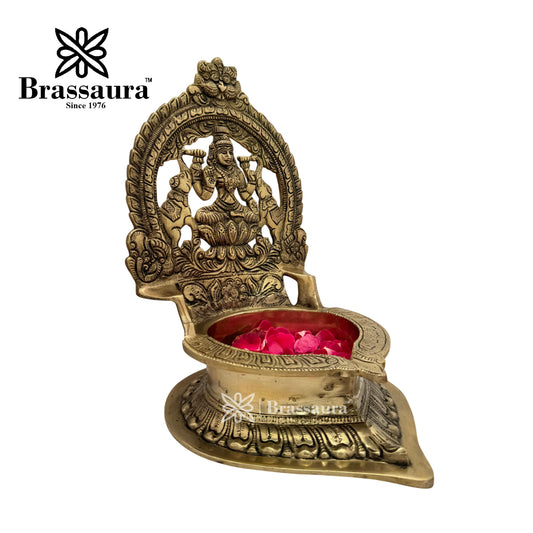 Brassaura™ Brass Laxmi Diya Idol– Height 11.8 Inches & Weight 4 Kgs | Home & Puja Décor