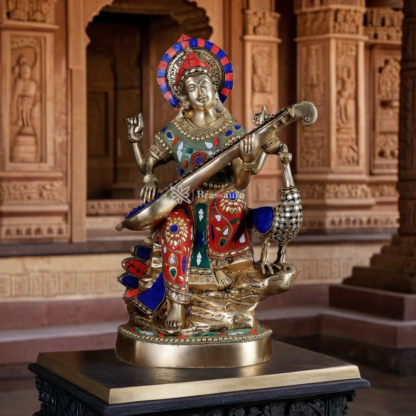 Brass Gem Stone Work Saraswati for Home and Decor Height 15 Inches & Weight 10 Kgs