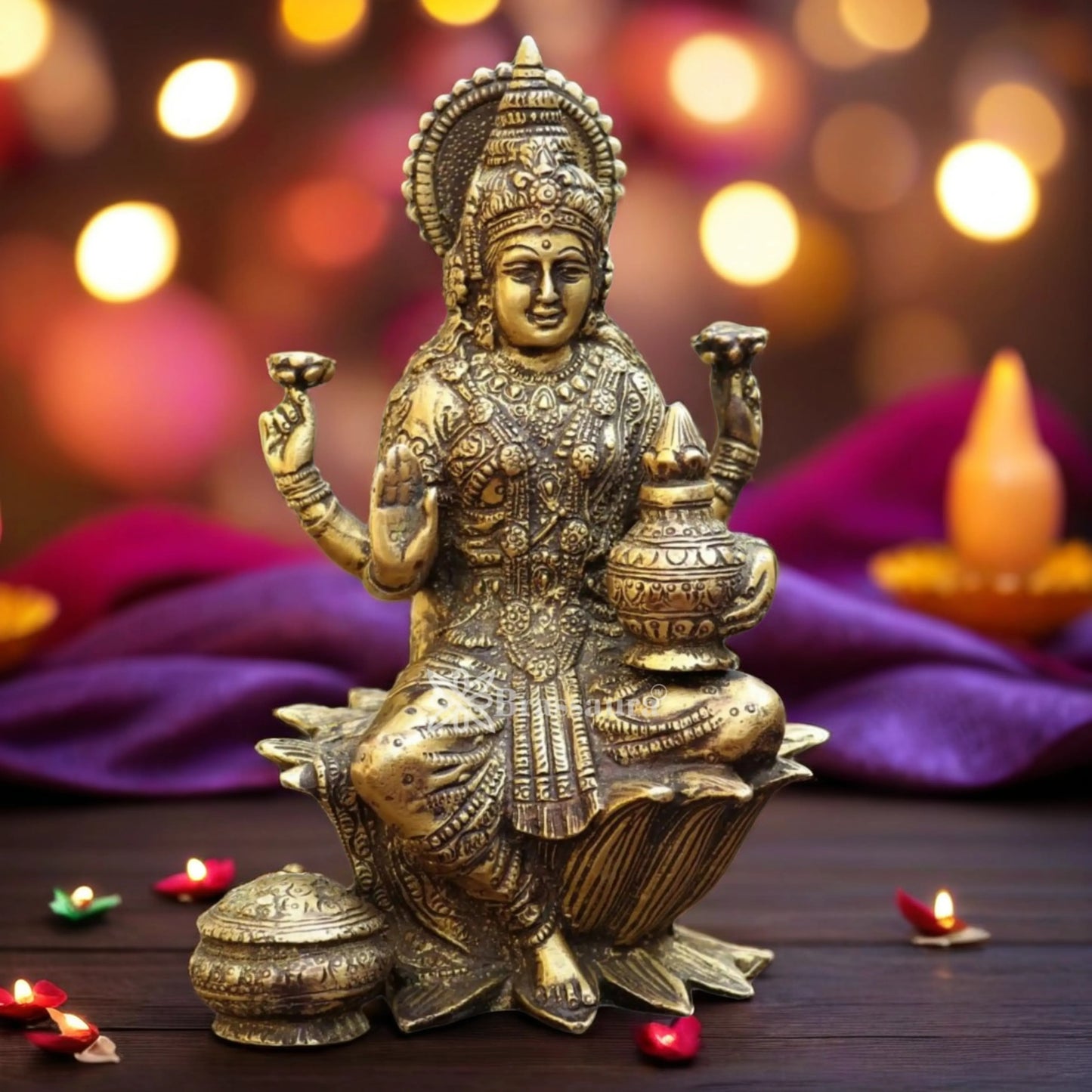 Brassaura™ Handcrafted Brass Laxmi Idol – Height 7 Inches & Weight 1.7 Kgs | Devotional Statue