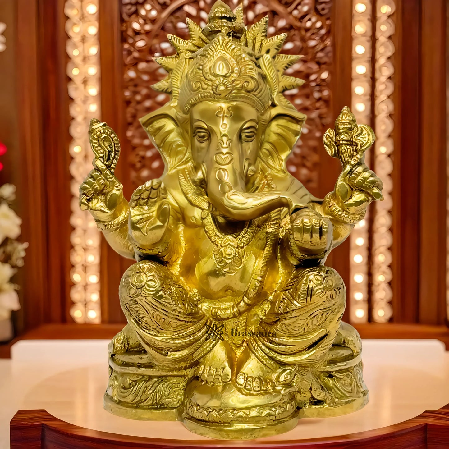 Brassaura™ Brass Ganesha Murti – Height 8 inches & Weight 1.7 kgs | Ganpati Idol for Home & Pooja Room