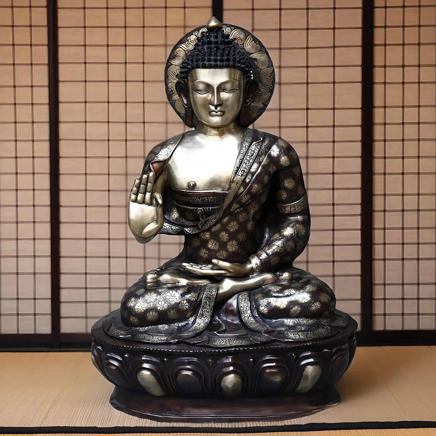 Brassaura™ Large Brass Buddha Statue with Carvings – Height 44 Inches | Weight 92.2 Kgs | Copper & Smooth Finish