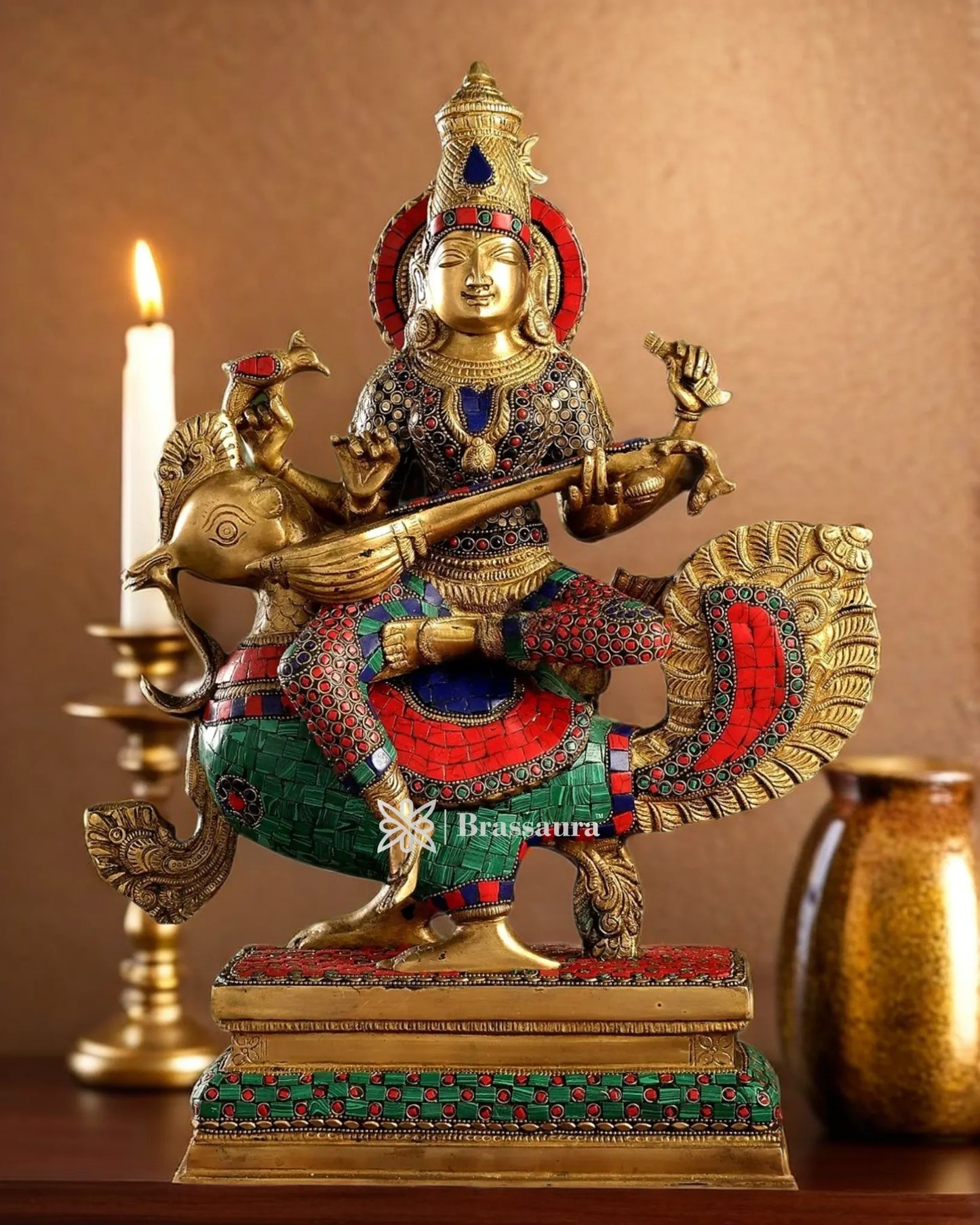 Brass Gem Stone Work Saraswati for Home and Decor Height 20 Inches & Weight 16 Kgs