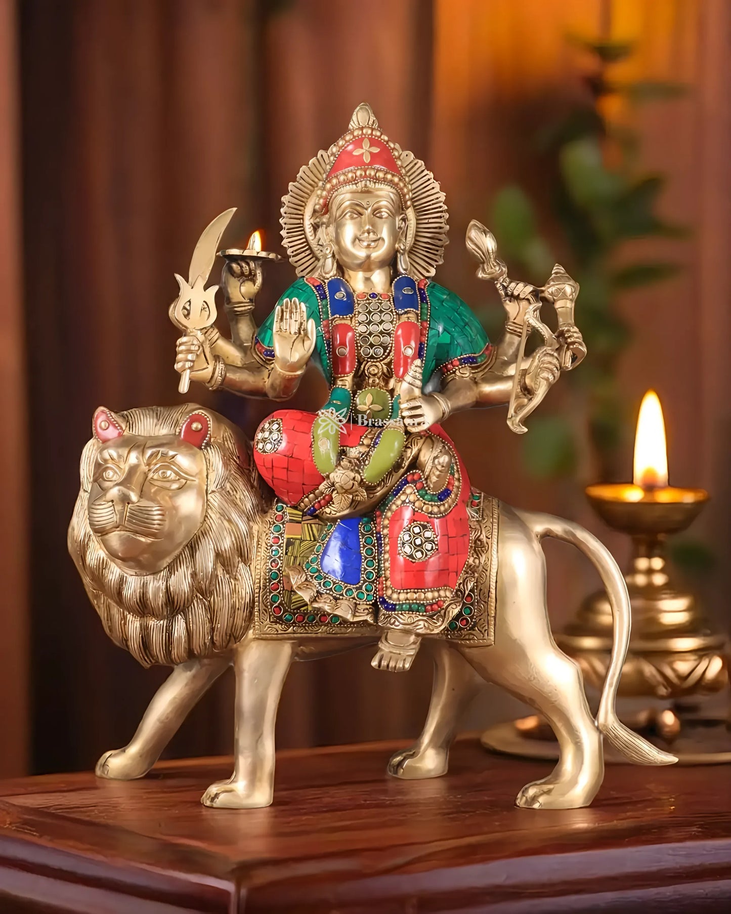 Brassaura™ 17-Inch Brass Sherawali Mata Idol with Meenakari Stonework – 12kg – Handcrafted Goddess Durga Statue for Spiritual & Decorative Spaces