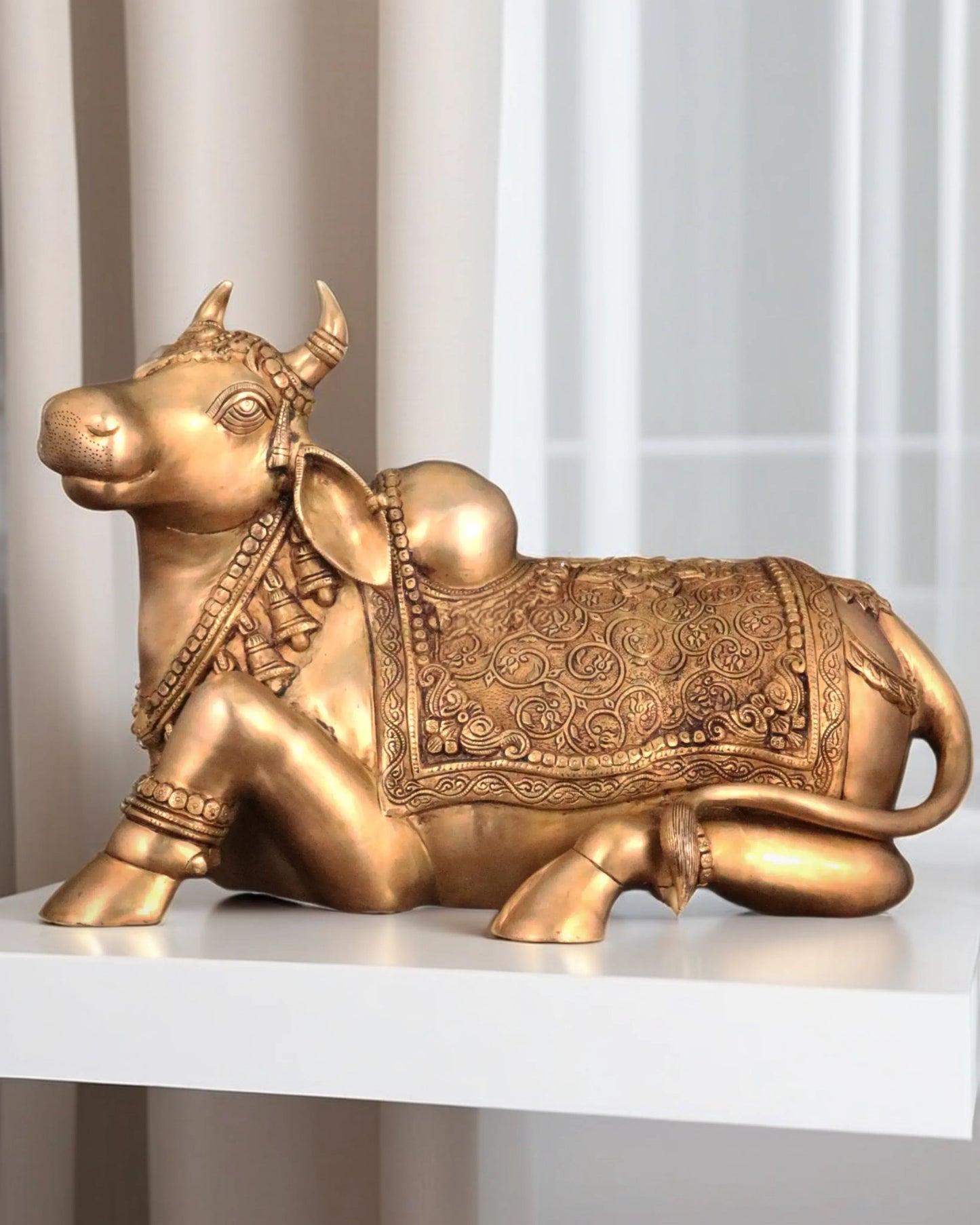 Brassaura™ Pure Brass Nandi Statue with Three Shivling – Height 8 Inches & Weight 5.5 Kgs | Intricately Carved Sand Finish Idol