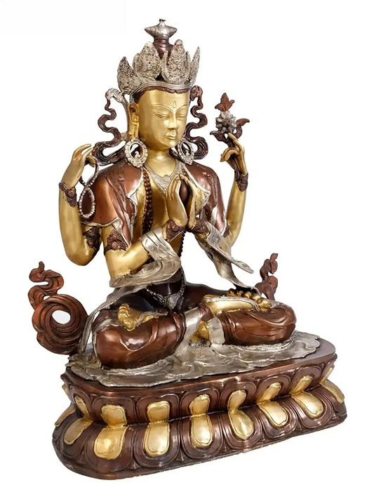 Brassaura® Avalokiteshvara de Quatro Braços Sentado no Lótus | Latão Puro | Altura 71 cm e Peso 25 kg