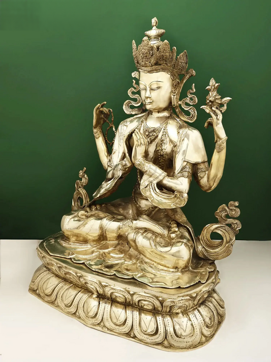 Brassaura® Avalokiteshvara de Quatro Braços Sentado em Lótus | Latão Puro | 71 cm de Altura e 25 kg de Peso