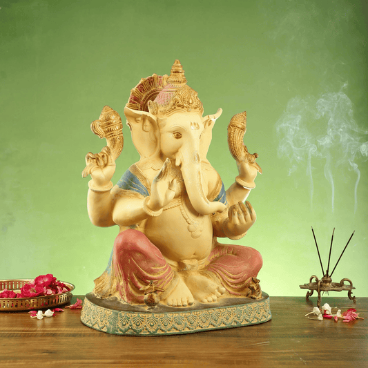 Brassaura™ Hand-Painted Brass Lord Ganesha Statue with Intricate Engravings | Height 21.5 Inches & Weight 31 Kgs