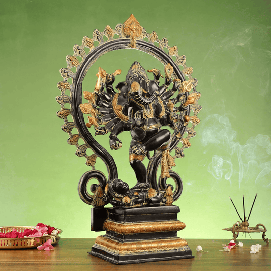 Brassaura™ Antique Sand Finish Brass Dancing Ganesha Statue with 16 Arms & Fire Ring | Height 26 Inches & Weight 24 Kgs