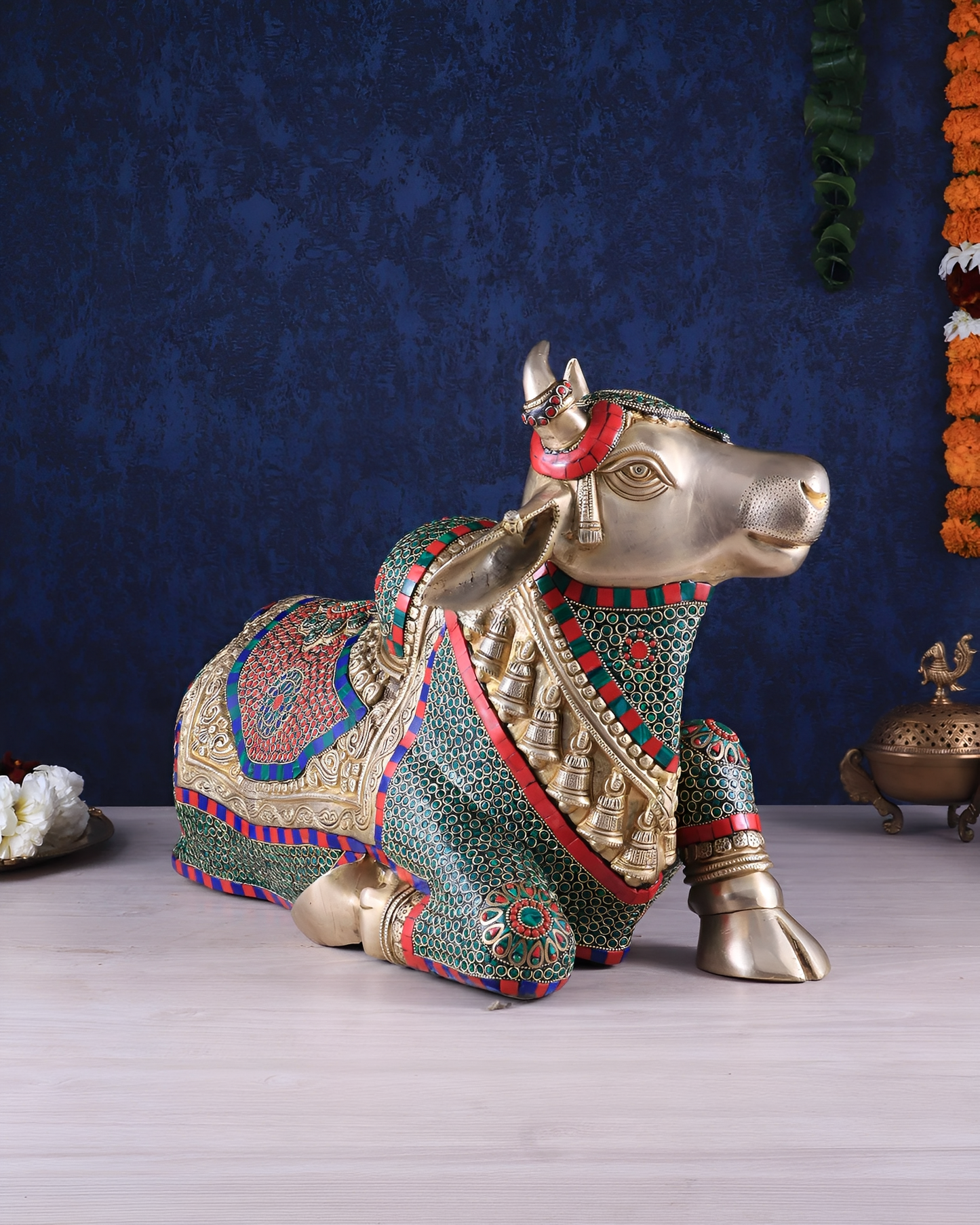 Brassaura™ Brass Nandi Statue with Intricate Stonework – Height 15" & Weight 22.5 Kgs | Temple & Home Décor