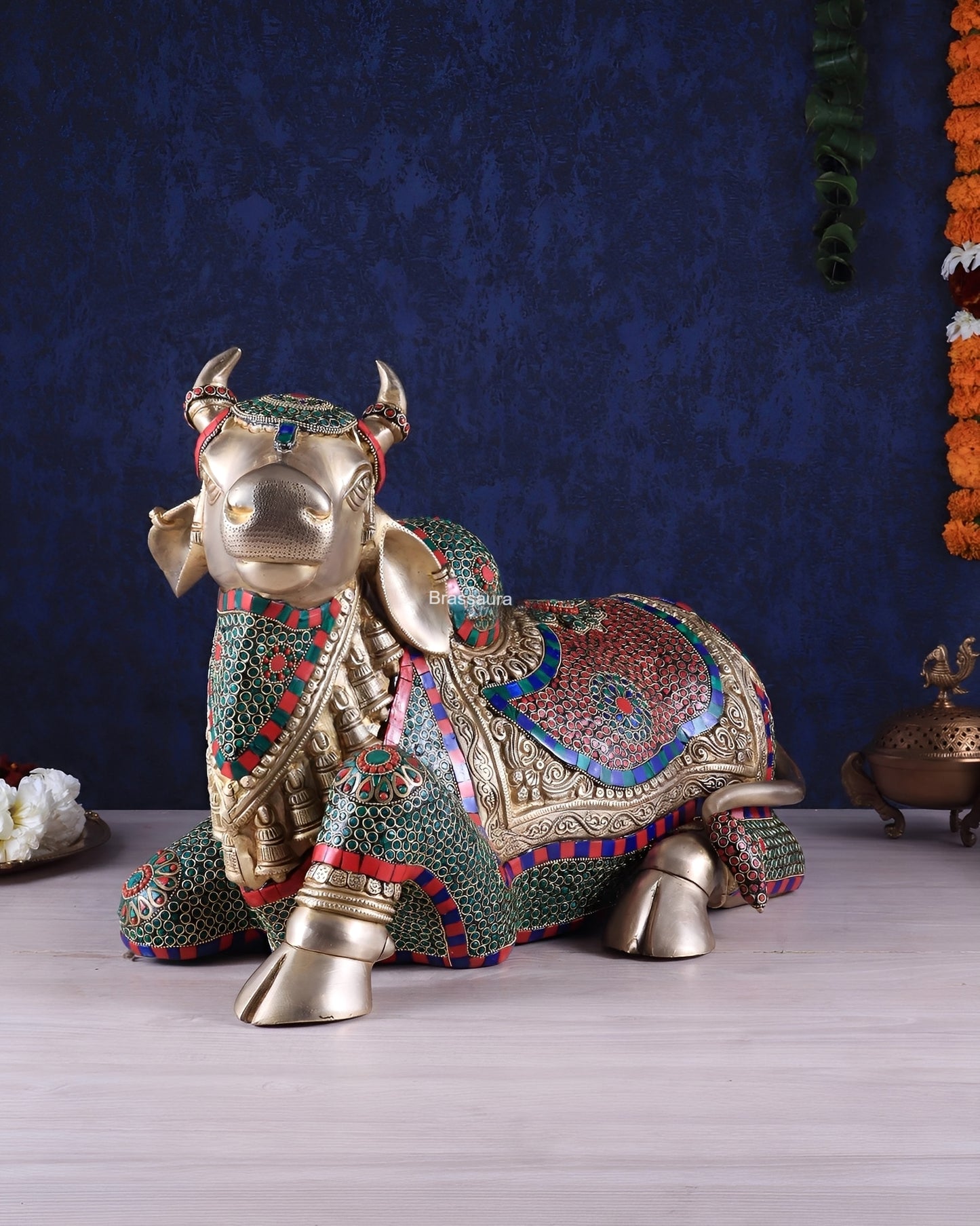 Brassaura™ Brass Nandi Statue with Intricate Stonework – Height 15" & Weight 22.5 Kgs | Temple & Home Décor