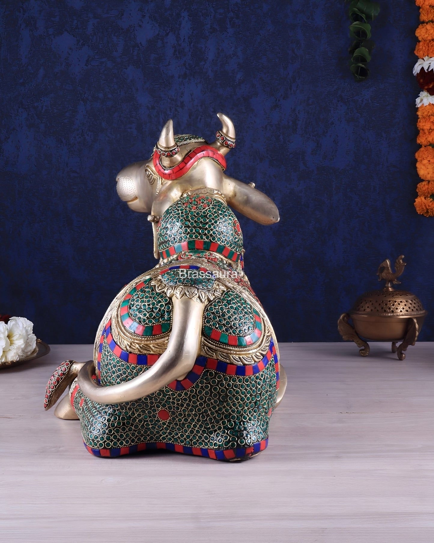 Brassaura™ Brass Nandi Statue with Intricate Stonework – Height 15" & Weight 22.5 Kgs | Temple & Home Décor