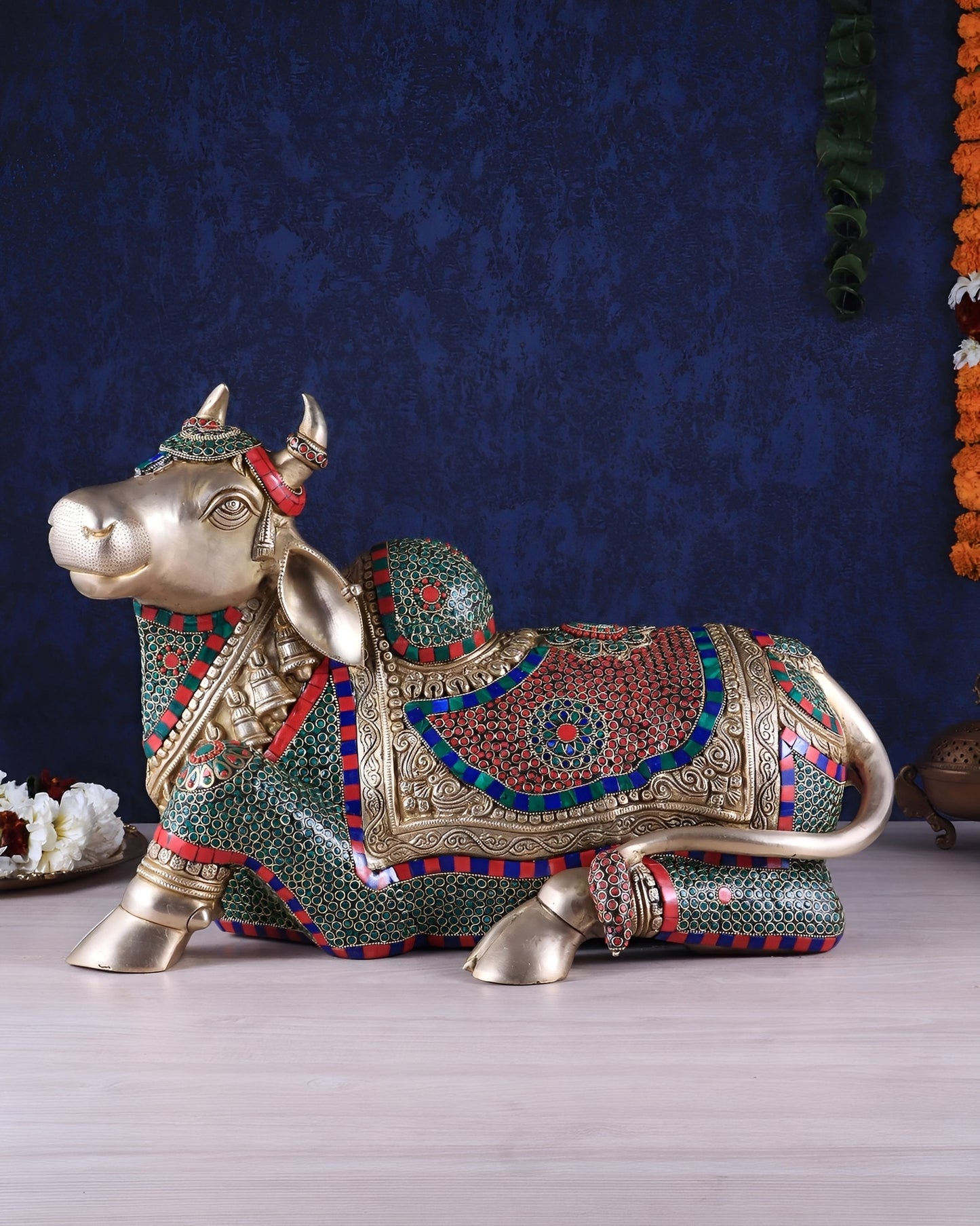 Brassaura™ Brass Nandi Statue with Intricate Stonework – Height 15" & Weight 22.5 Kgs | Temple & Home Décor