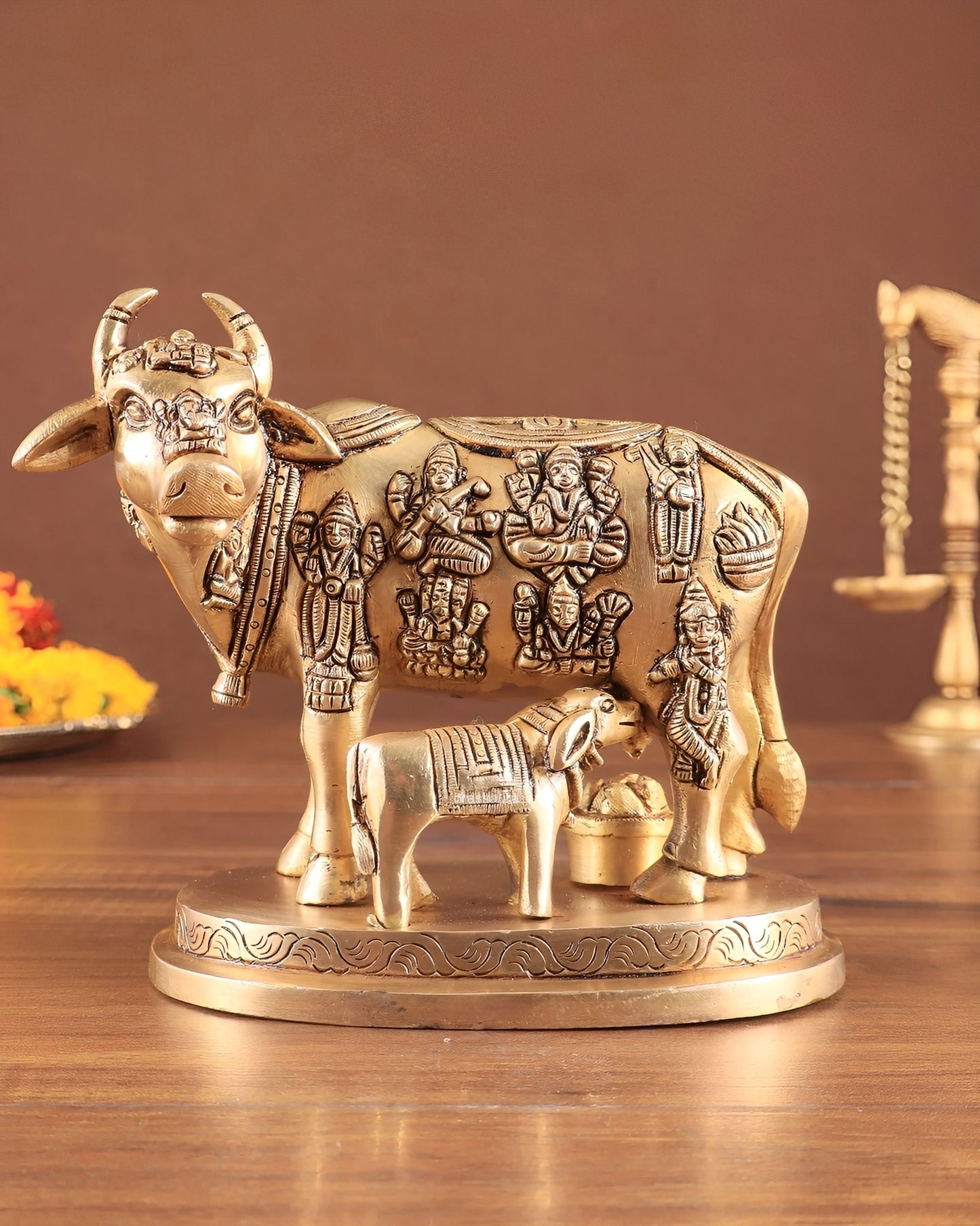 Brassaura™ Engraved Brass Kamdhenu Statue – Height 5" | Weight 2 Kgs