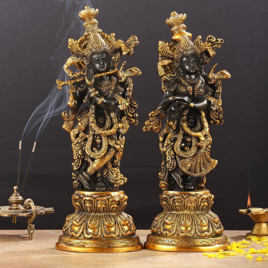 Brassaura™ Intricately Crafted Brass Radha Krishna Idols – 15 Inch Height, 10 Kg Pair | Black & Gold Heat-Treated Finish