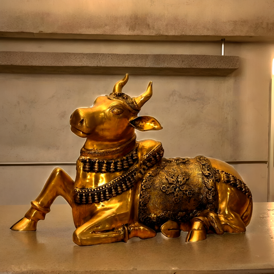 Brassaura™ Antique Brass Large Nandi Sculpture – Height 21.5 Inches & Weight 30 Kgs | Traditional Handcrafted Idol