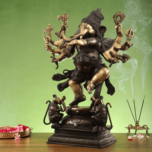 ब्रॉसुरा® होयसला शैली पीतल भगवान गणेश प्रतिमा | प्राचीन चोल कांस्य फ़िनिश | ऊँचाई 26 इंच