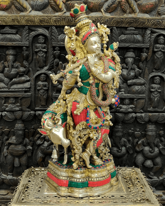 Brassaura™ Krishna with Cow | Pure Brass with Meenakari Ring & Stonework | Height 26.5 Inches & Weight 26 Kgs