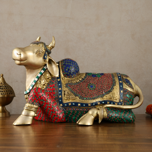 Brassaura™ Brass Nandi Statue with Stonework – Height 15 Inches & Weight 22.5 Kgs | Sacred Temple Décor