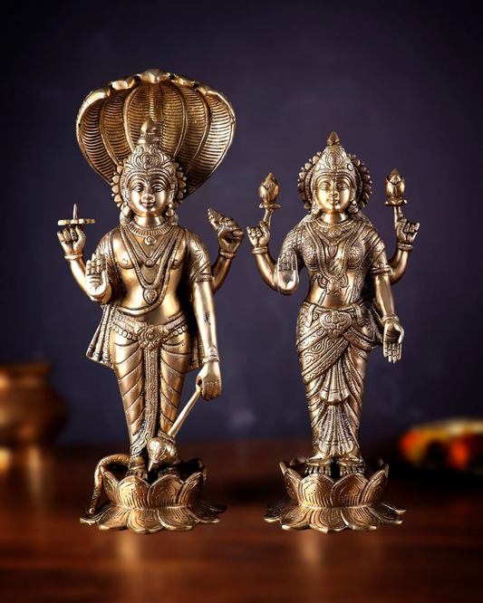 Brassaura™ Vishnu-Lakshmi Brass Idols Pair – 13kg, 17.5-Inch – Symbol of Divine Grace & Eternal Blessings for Home Temple & Spiritual Decor